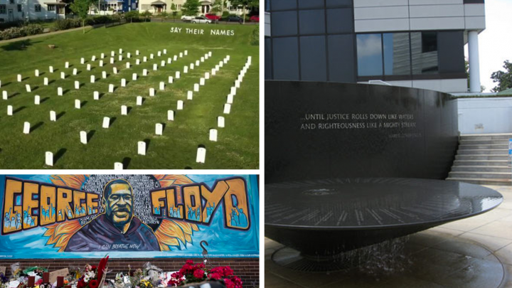 Collage of public memorial sites including George Floyd mural, "Say Their Names" graveyard event, and Martin Luther King memorial