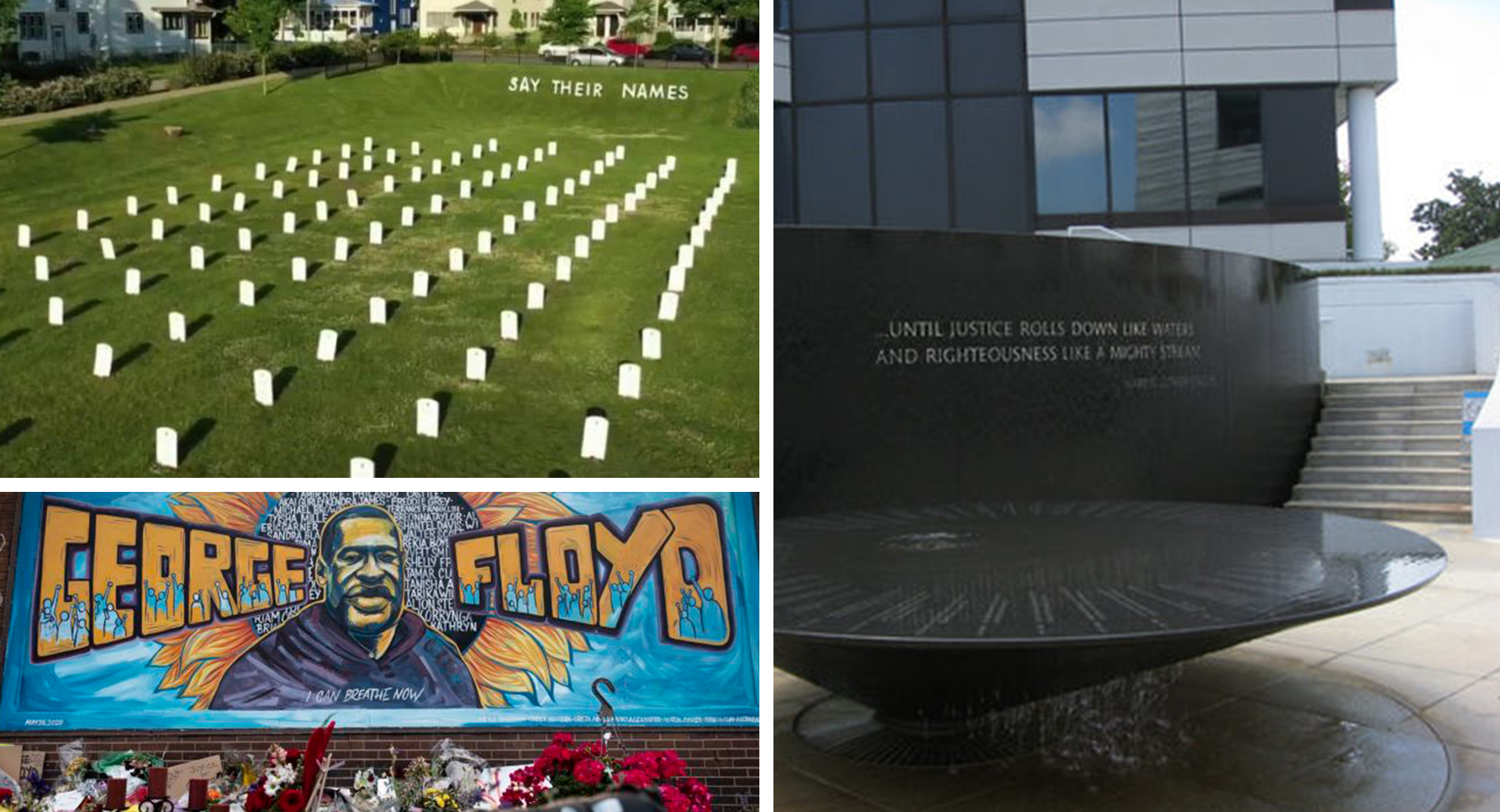 Collage of public memorial sites including George Floyd mural, "Say Their Names" graveyard event, and Martin Luther King memorial