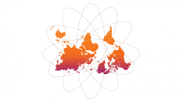 United Fronteras logo, a world map inside a nuclear model
