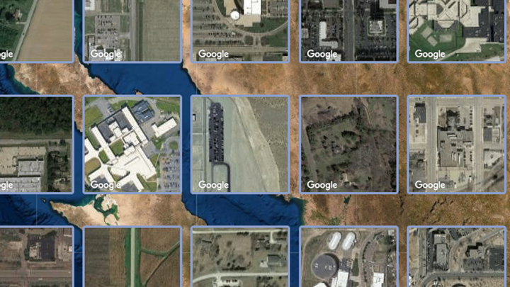 Data visualization, grid of locations in google maps taken from Torn Apart / Separados, "The Eye" 