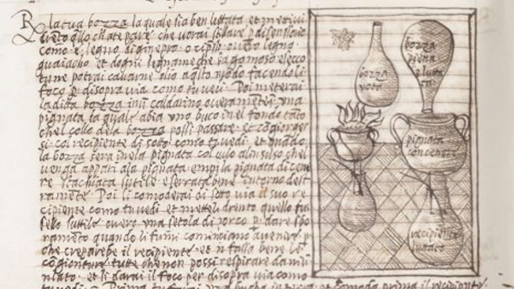 Manuscript text from the Jesuatti Book of remedies. The single page includes an illustration of a kind of medical process.